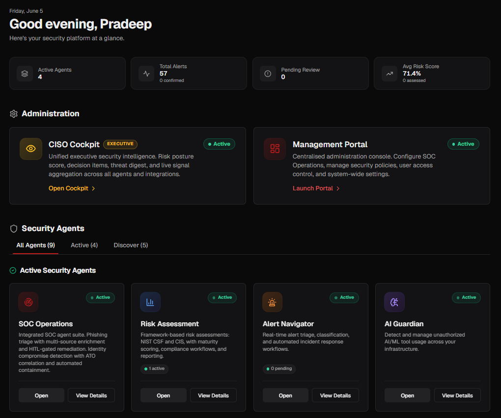 Cyforte dashboard showing Administration and Security Agents